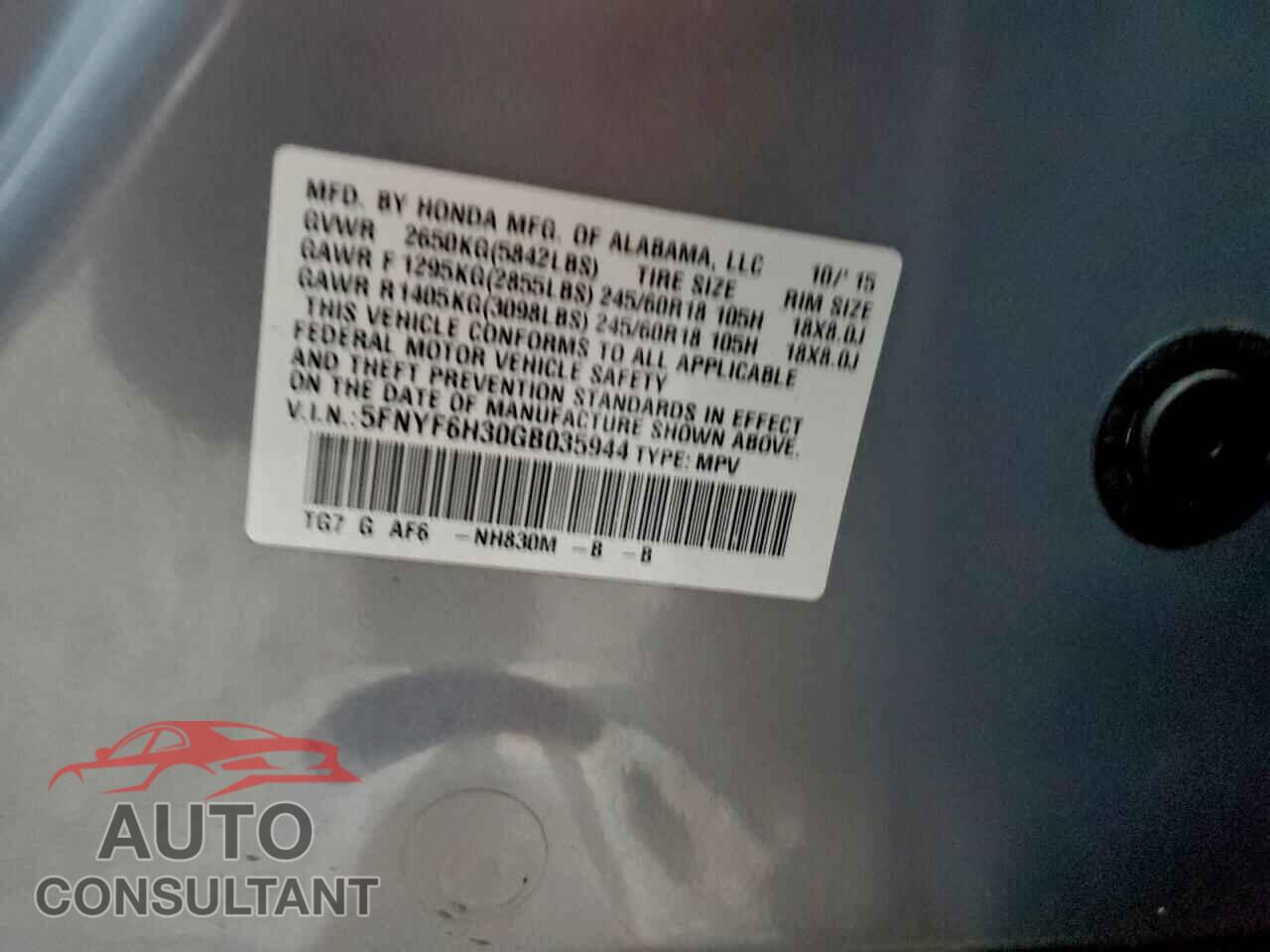 HONDA PILOT 2016 - 5FNYF6H30GB035944
