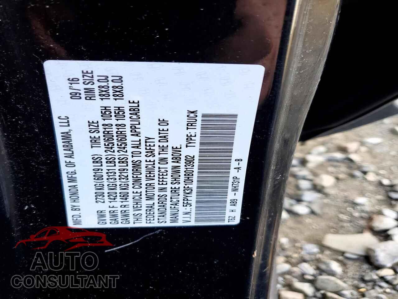 HONDA RIDGELINE 2017 - 5FPYK3F10HB013902