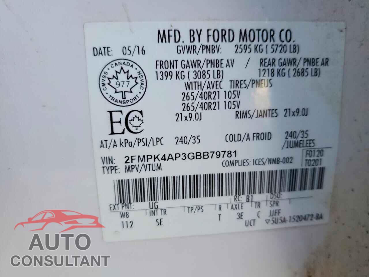FORD EDGE 2016 - 2FMPK4AP3GBB79781