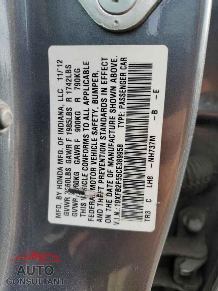 HONDA CIVIC 2012 - 19XFB2F55CE389958