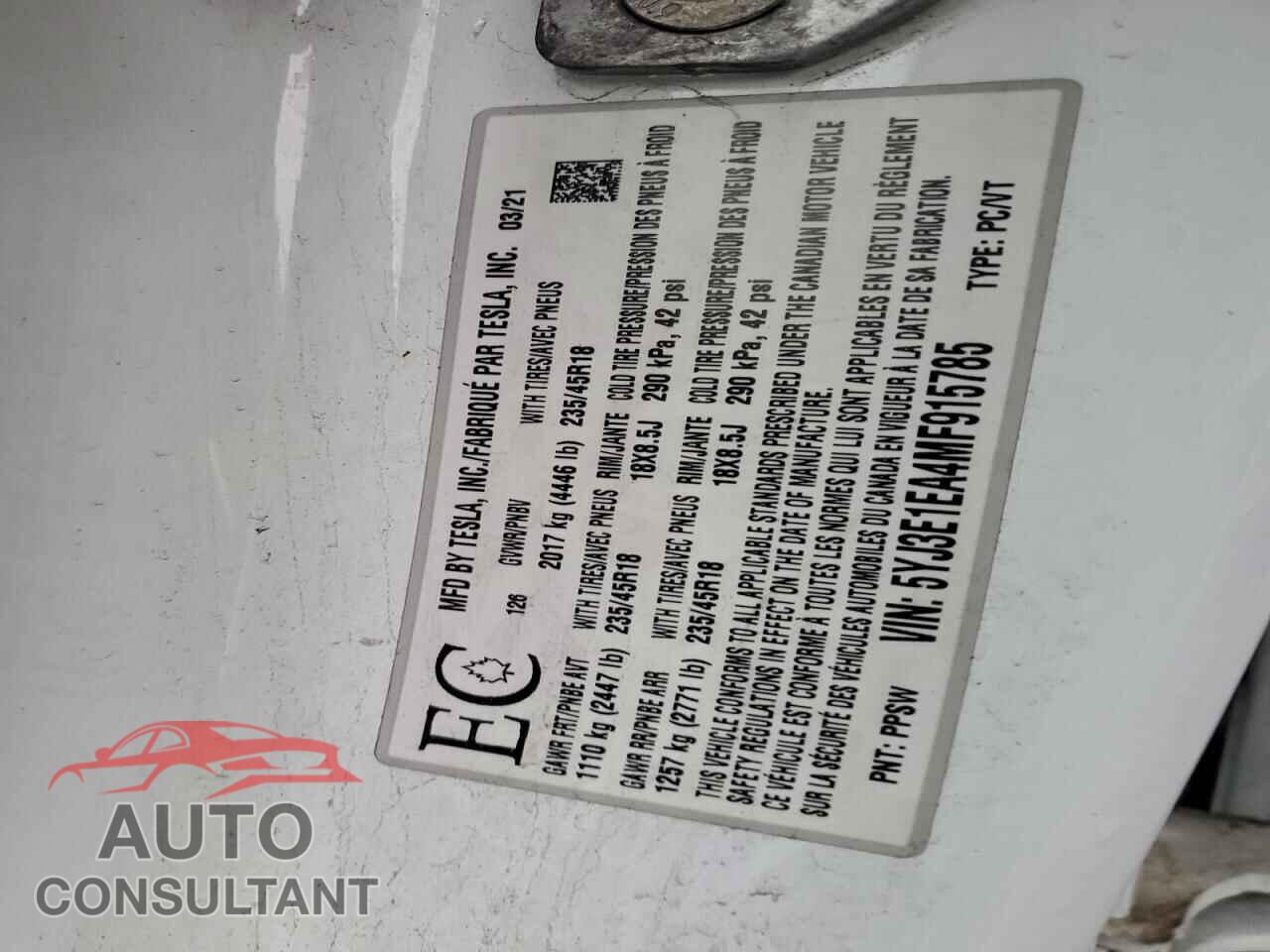 TESLA MODEL 3 2021 - 5YJ3E1EA4MF915785