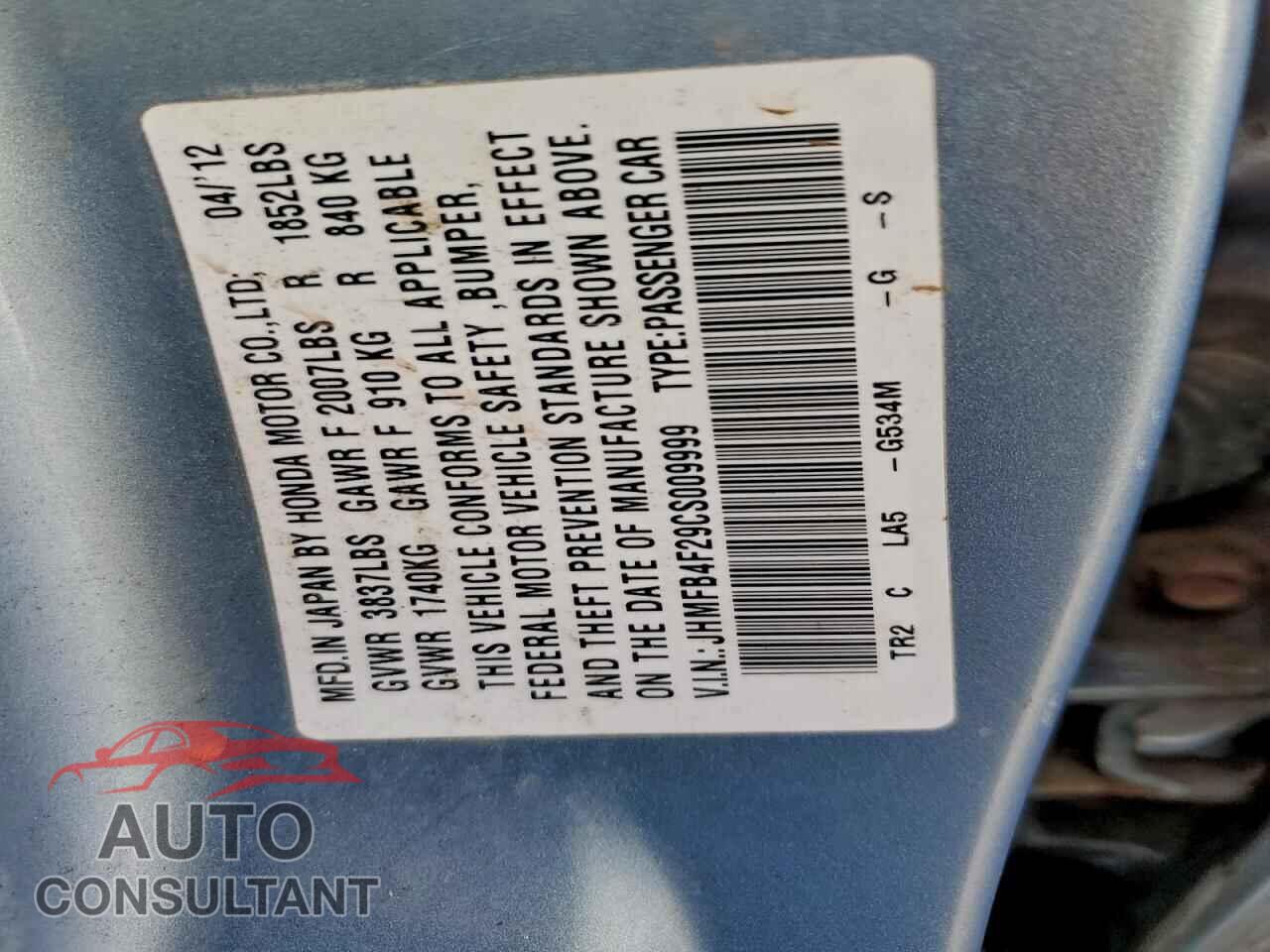 HONDA CIVIC 2012 - JHMFB4F29CS009999