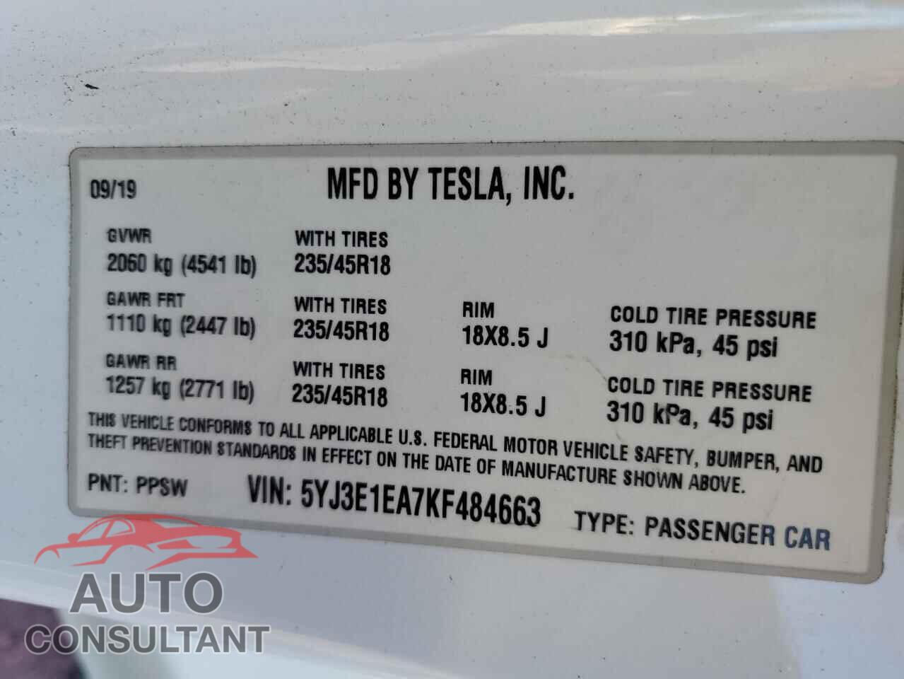 TESLA MODEL 3 2019 - 5YJ3E1EA7KF484663