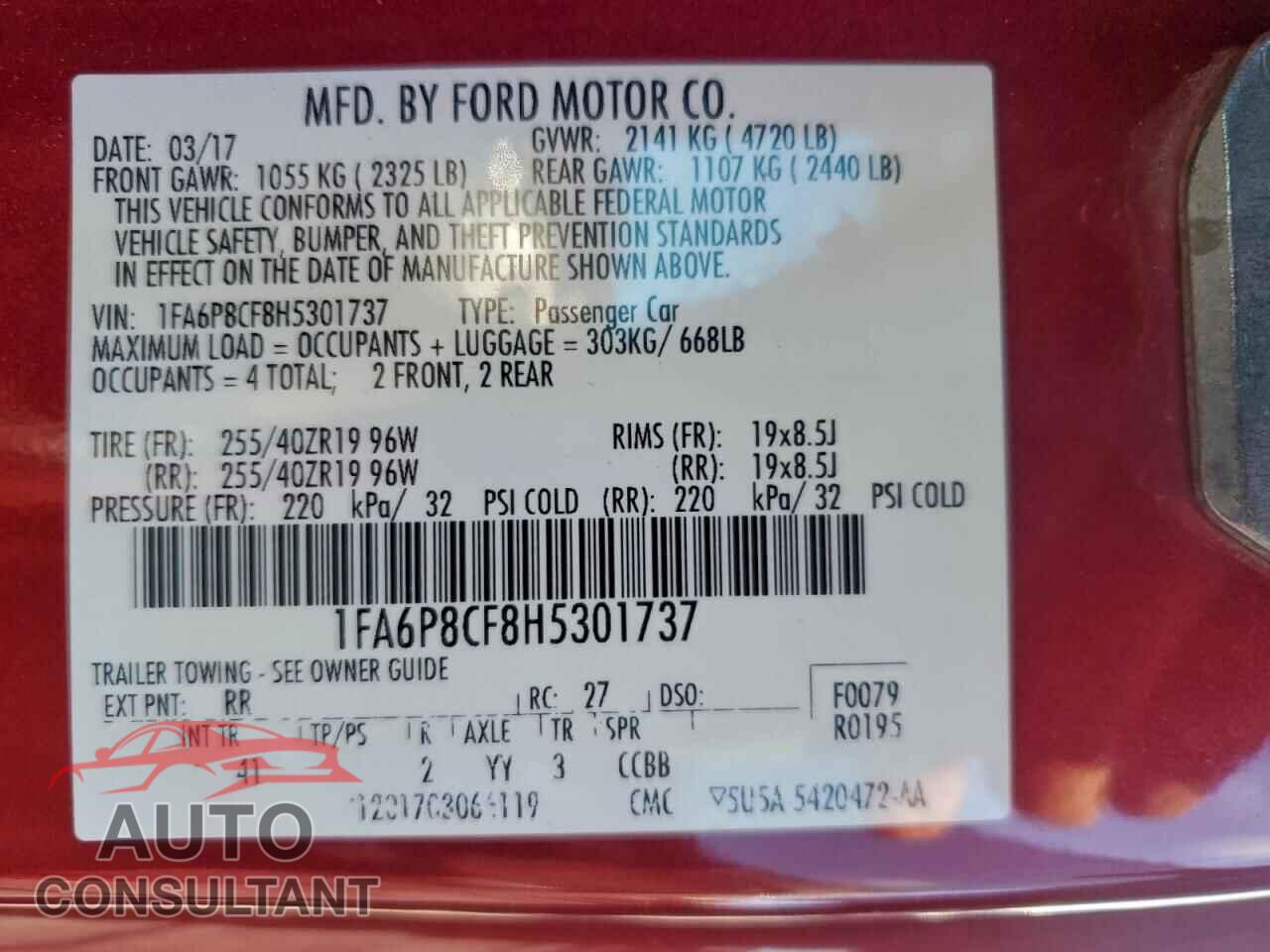 FORD MUSTANG 2017 - 1FA6P8CF8H5301737