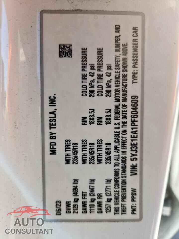 TESLA MODEL 3 2023 - 5YJ3E1EA1PF604609