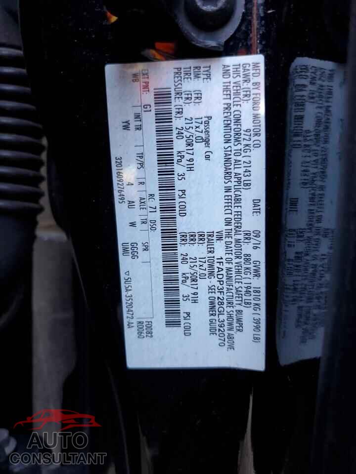 FORD FOCUS 2016 - 1FADP3F28GL392070