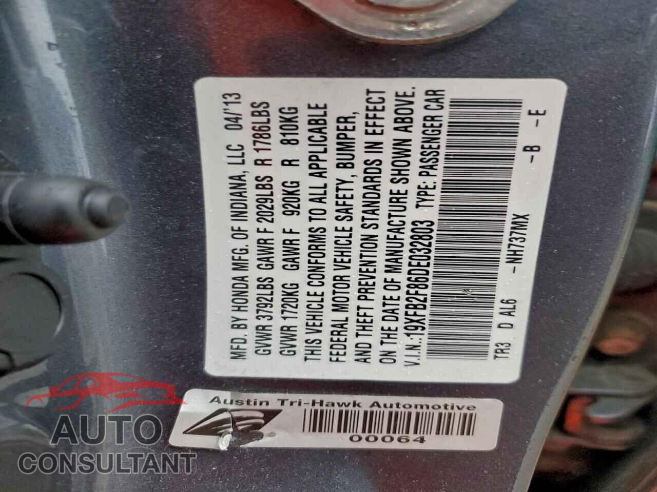 HONDA CIVIC 2013 - 19XFB2F86DE032803