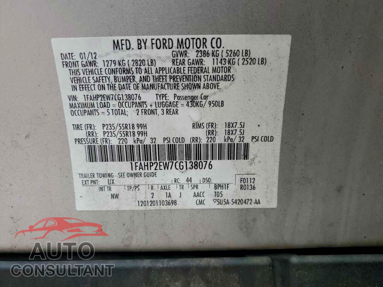 FORD TAURUS 2012 - 1FAHP2EW7CG138076