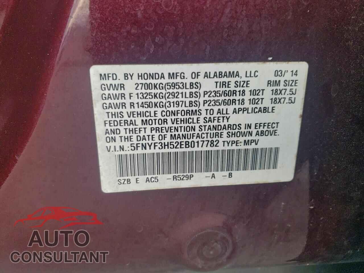 HONDA PILOT 2014 - 5FNYF3H52EB017782