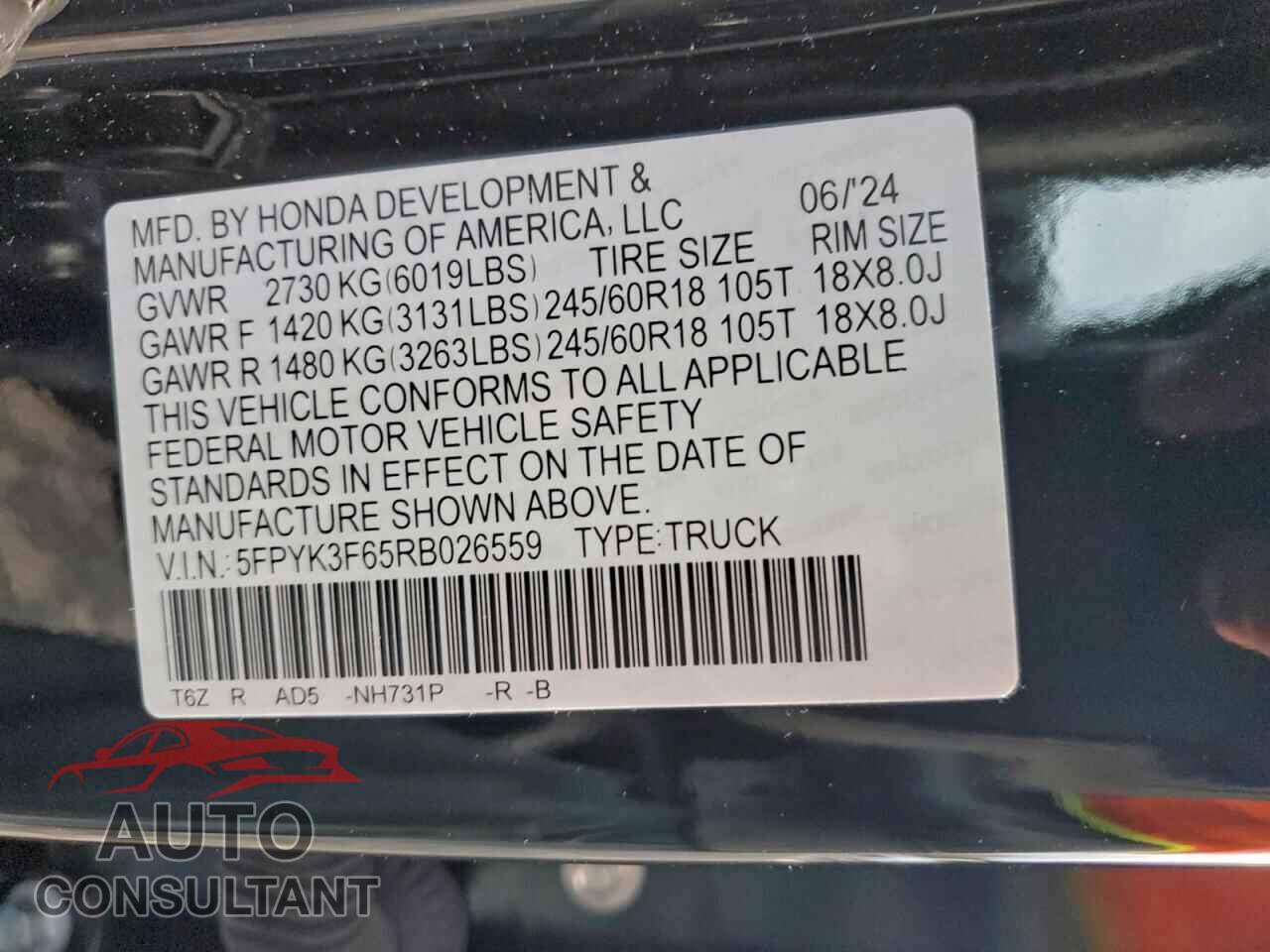 HONDA RIDGELINE 2024 - 5FPYK3F65RB026559