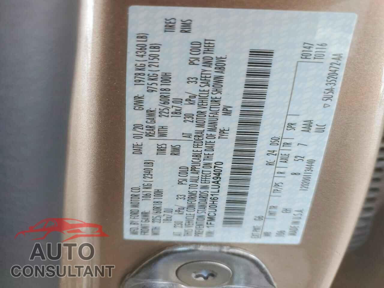 FORD ESCAPE 2020 - 1FMCU0H61LUA94070