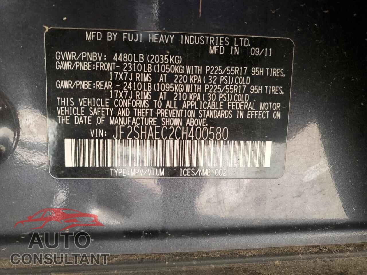 SUBARU FORESTER 2012 - JF2SHAEC2CH400580