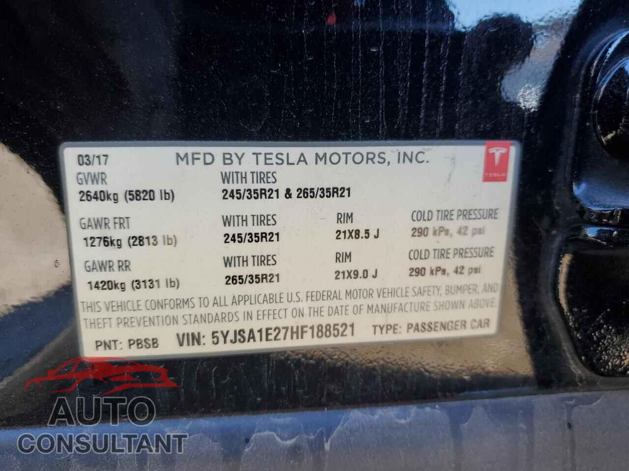 TESLA MODEL S 2017 - 5YJSA1E27HF188521