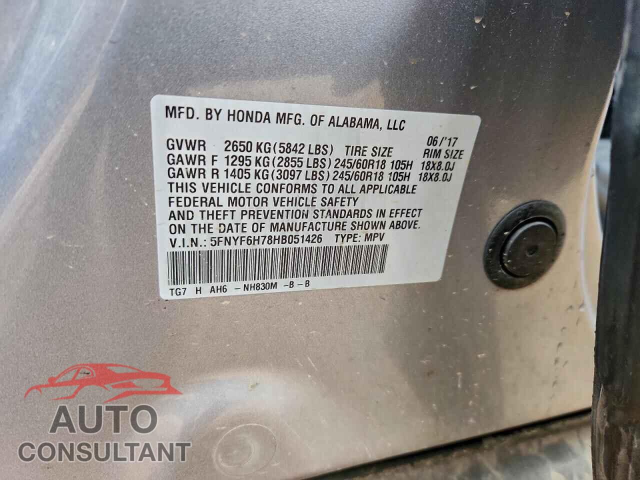 HONDA PILOT 2017 - 5FNYF6H78HB051426