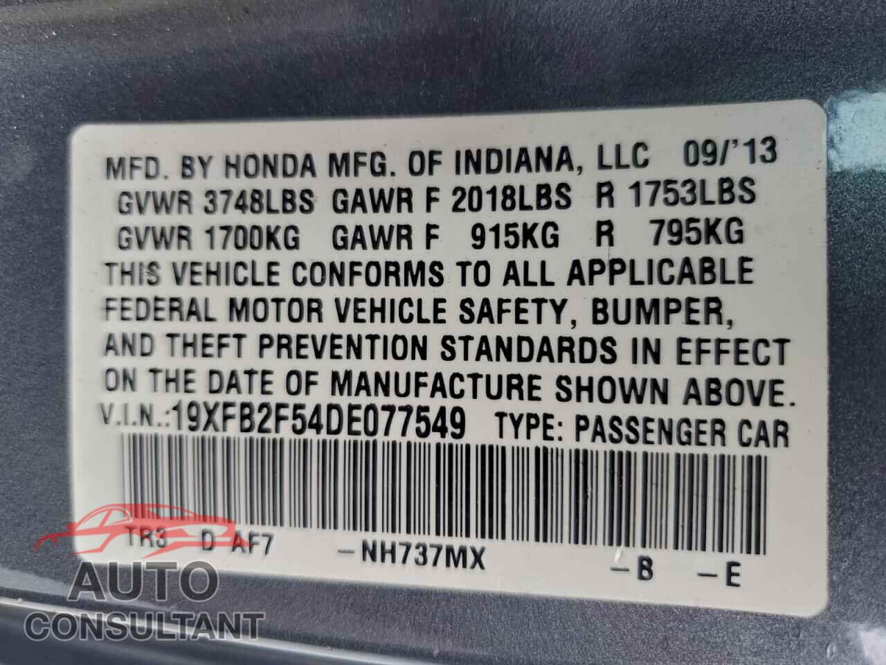 HONDA CIVIC 2013 - 19XFB2F54DE077549