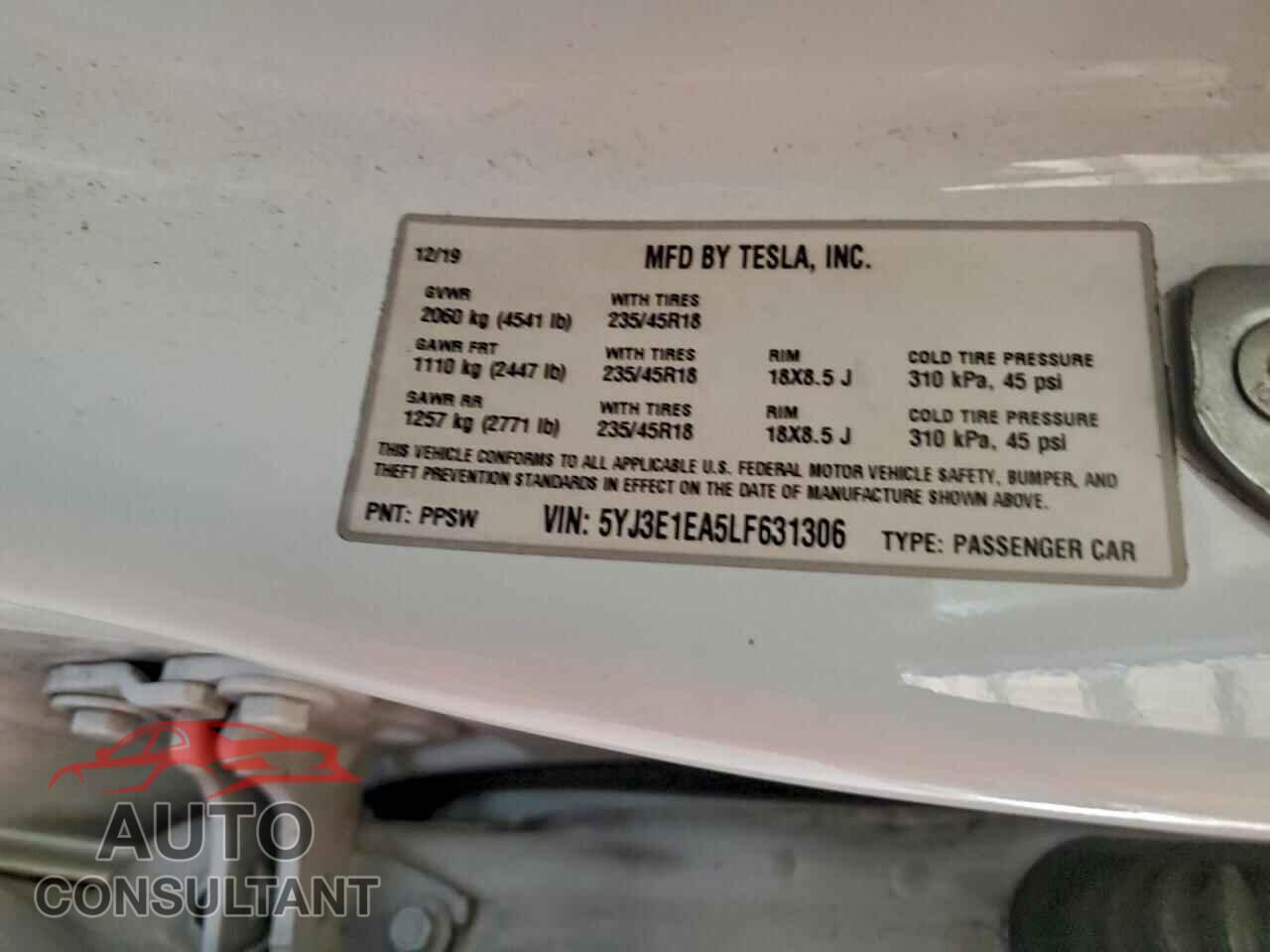 TESLA MODEL 3 2020 - 5YJ3E1EA5LF631306