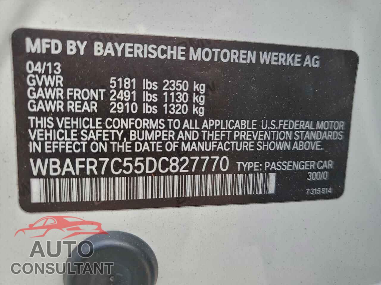 BMW 5 SERIES 2013 - WBAFR7C55DC827770