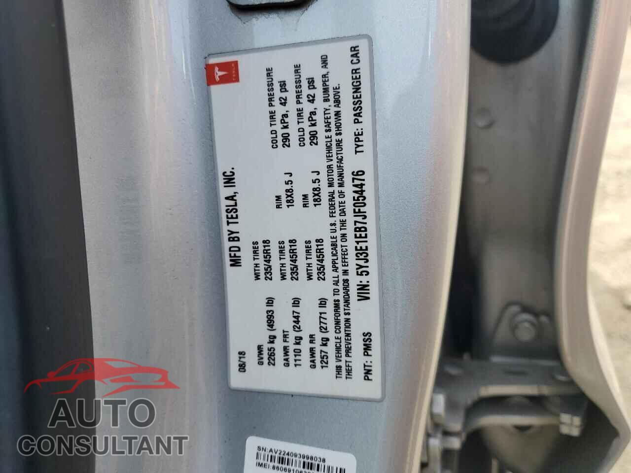 TESLA MODEL 3 2018 - 5YJ3E1EB7JF054476