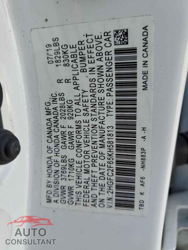 HONDA CIVIC 2019 - 2HGFC2F65KH581813