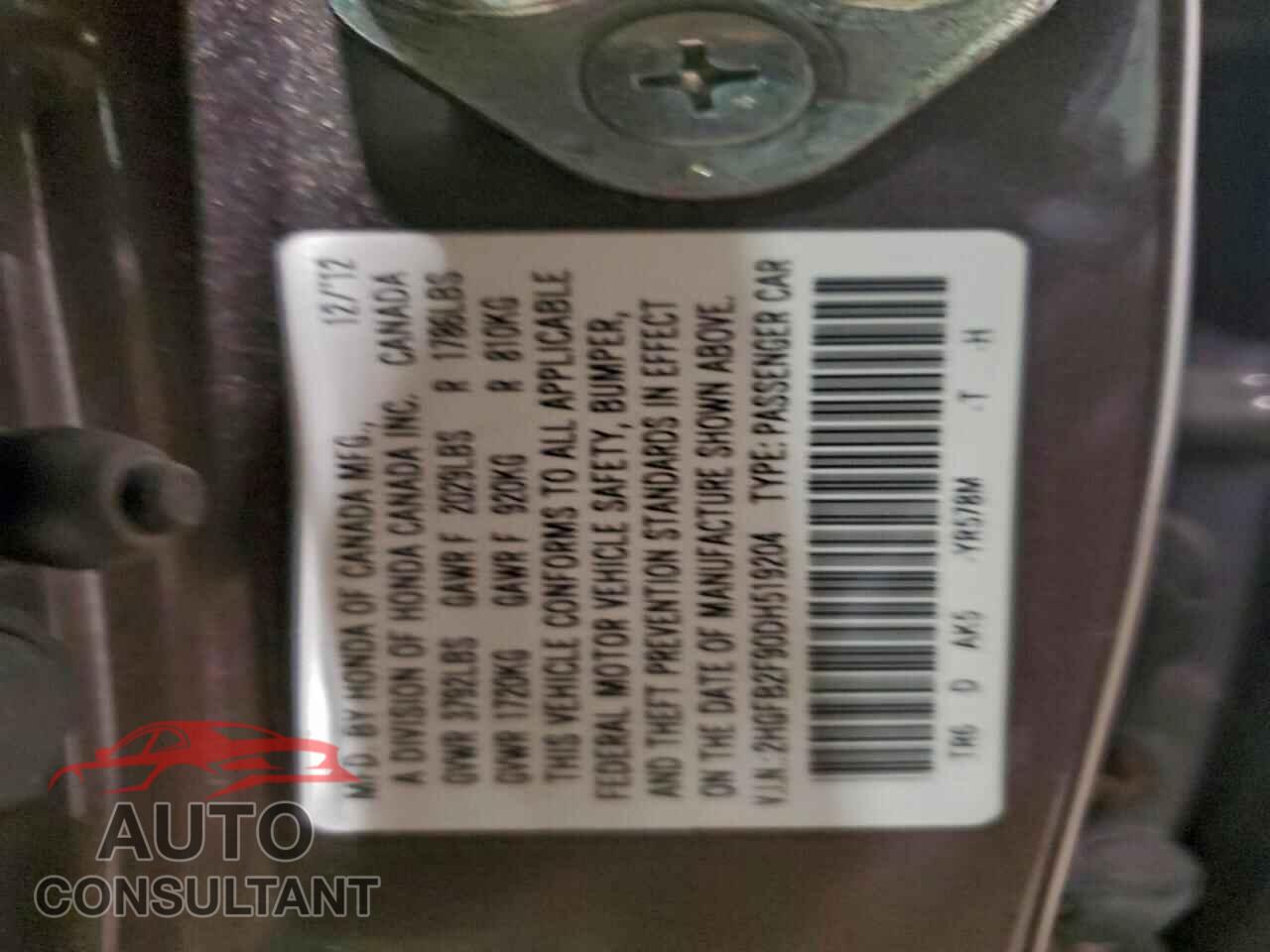 HONDA CIVIC 2013 - 2HGFB2F90DH519204