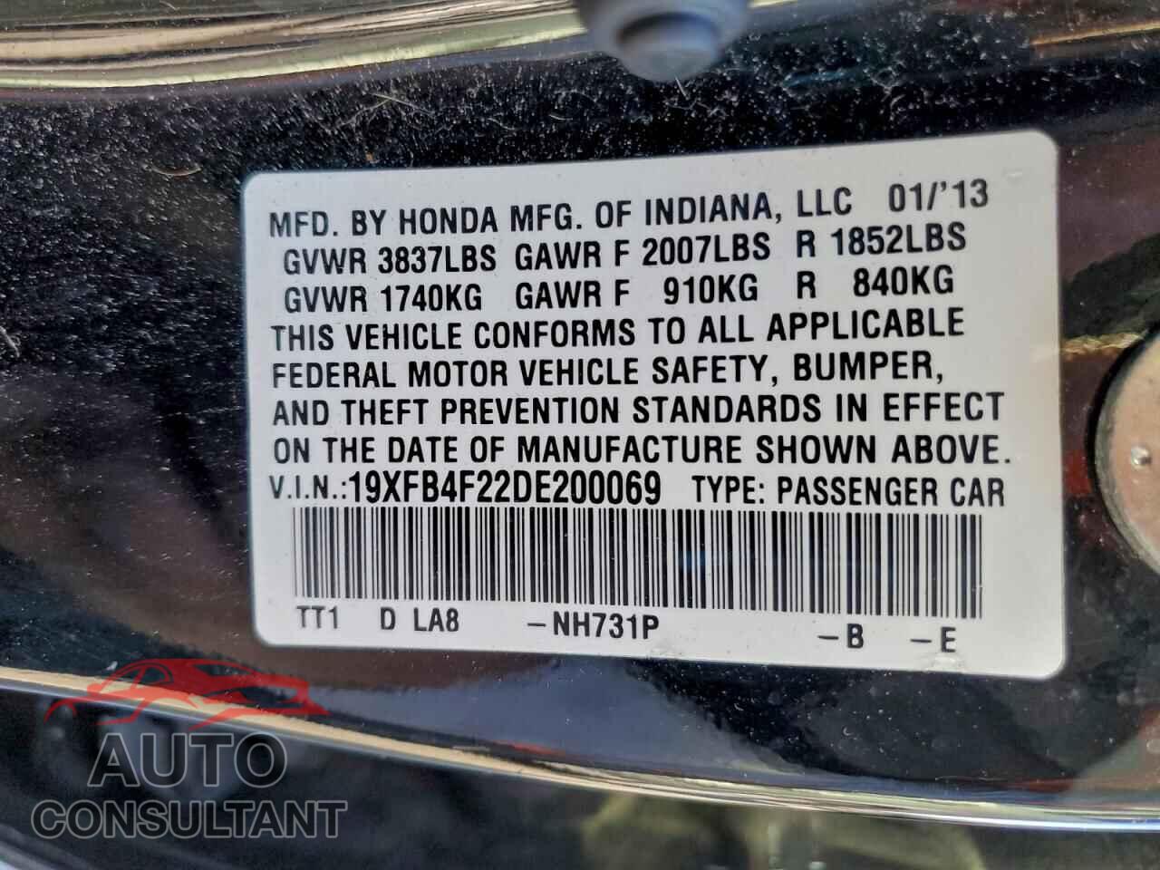 HONDA CIVIC 2013 - 19XFB4F22DE200069