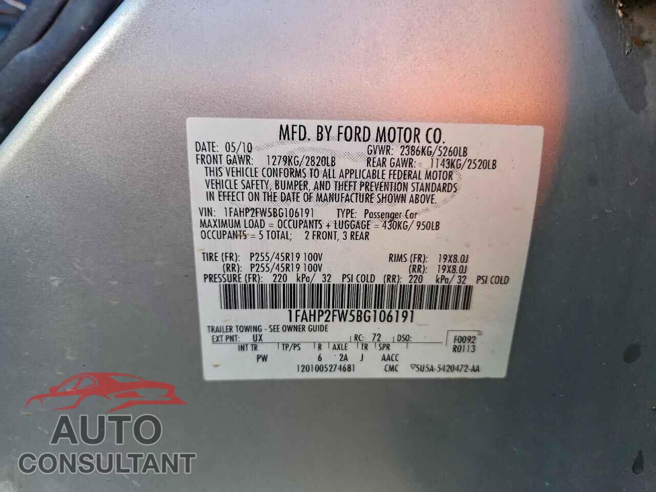 FORD TAURUS 2011 - 1FAHP2FW5BG106191