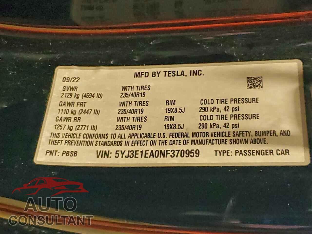 TESLA MODEL 3 2022 - 5YJ3E1EA0NF370959