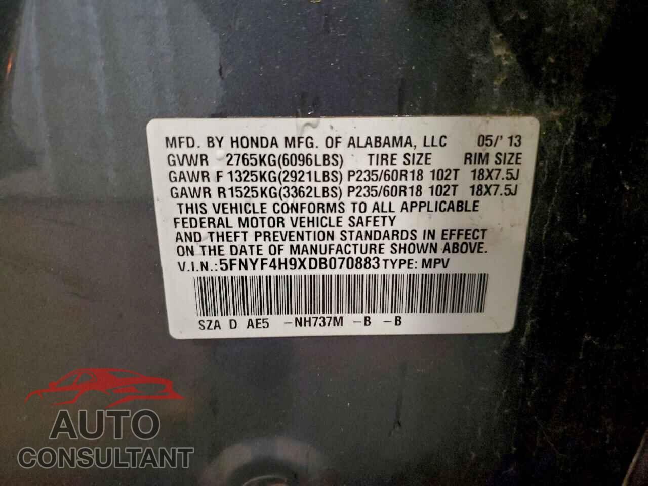 HONDA PILOT 2013 - 5FNYF4H9XDB070883