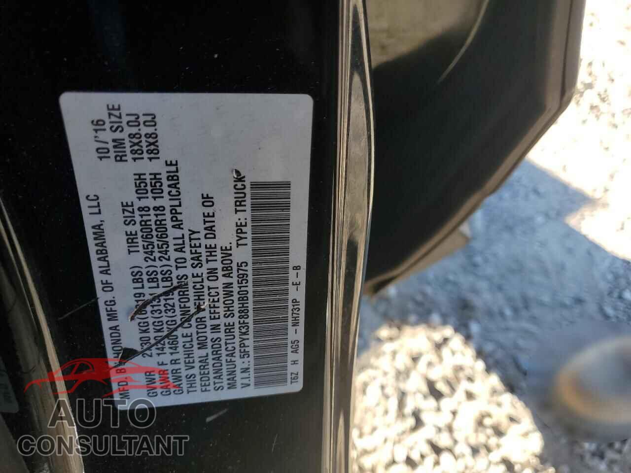 HONDA RIDGELINE 2017 - 5FPYK3F88HB015975