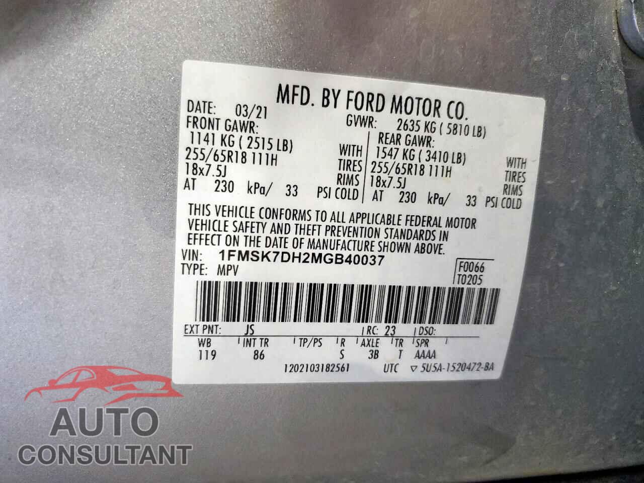 FORD EXPLORER 2021 - 1FMSK7DH2MGB40037