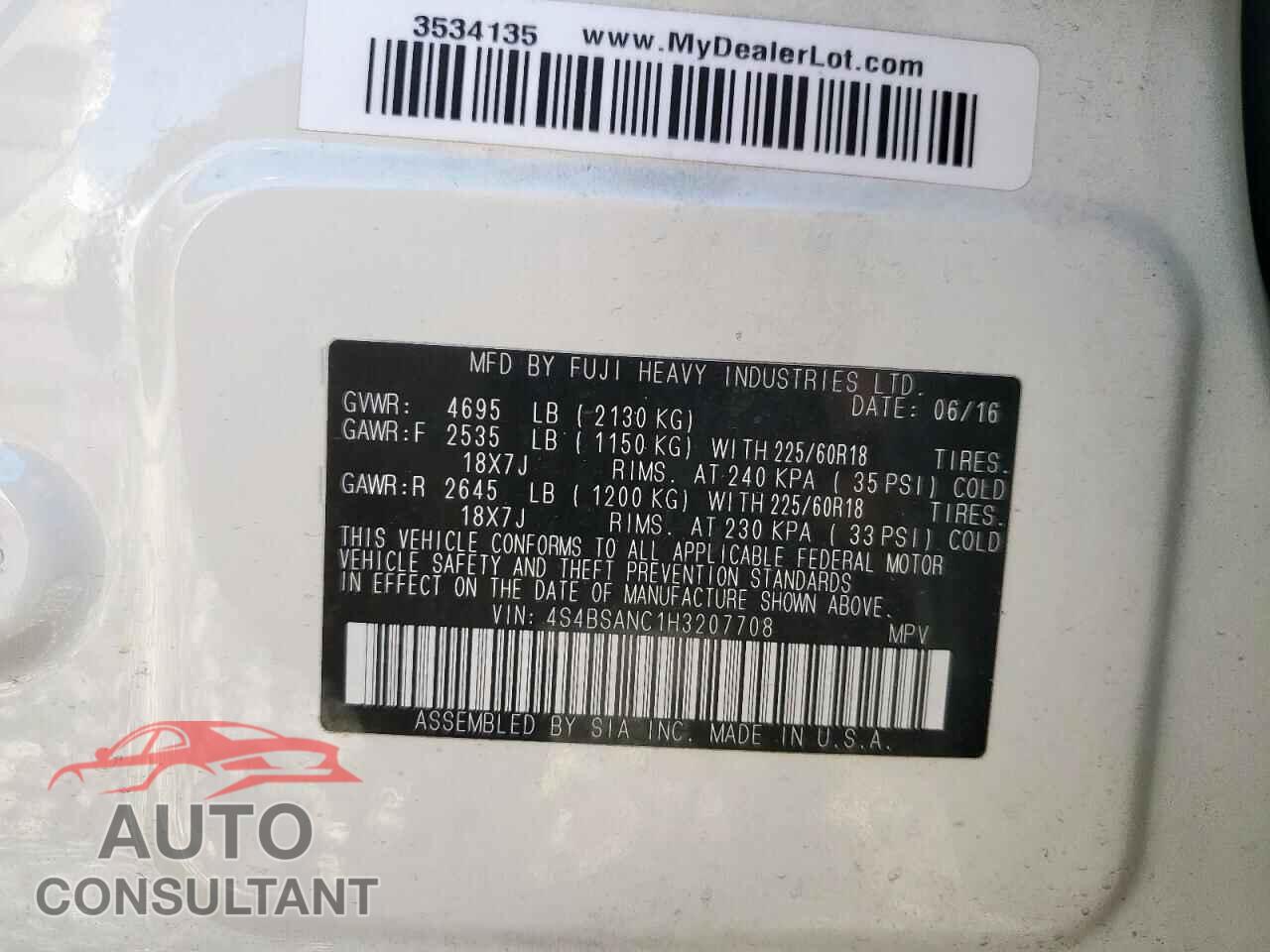 SUBARU OUTBACK 2017 - 4S4BSANC1H3207708