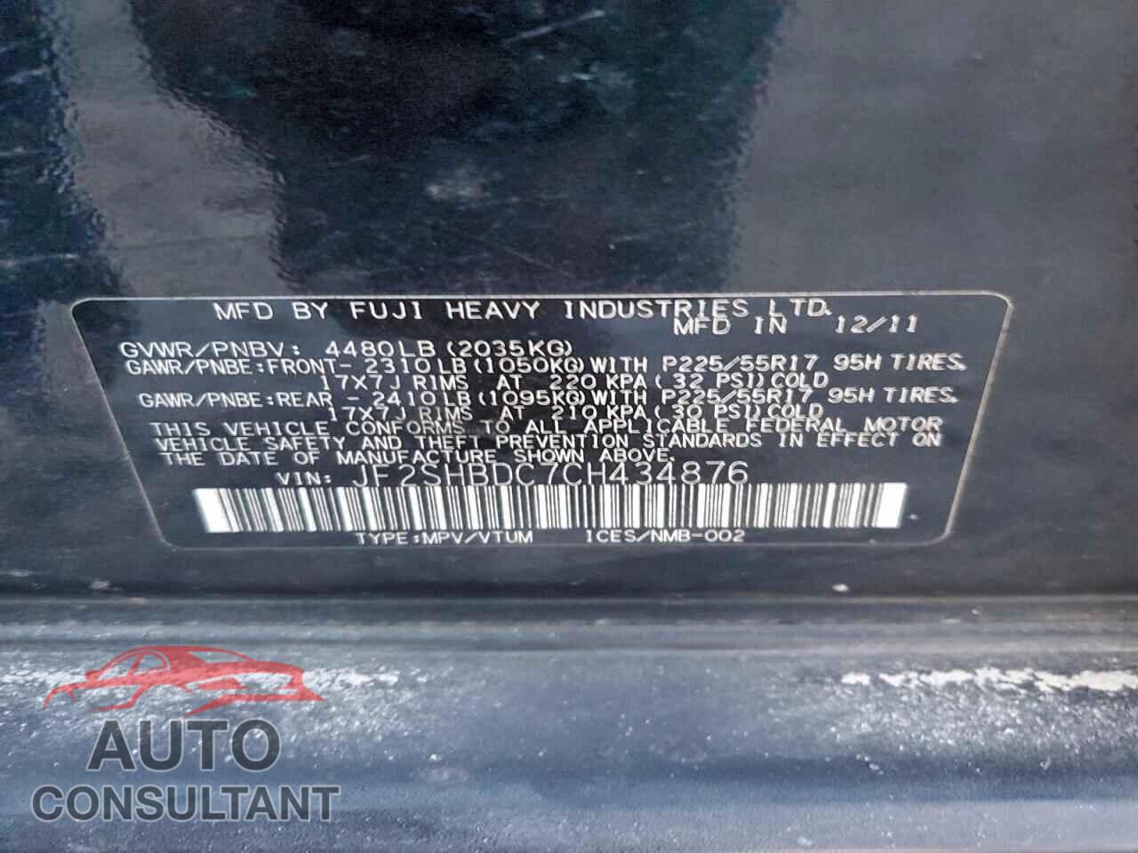 SUBARU FORESTER 2012 - JF2SHBDC7CH434876