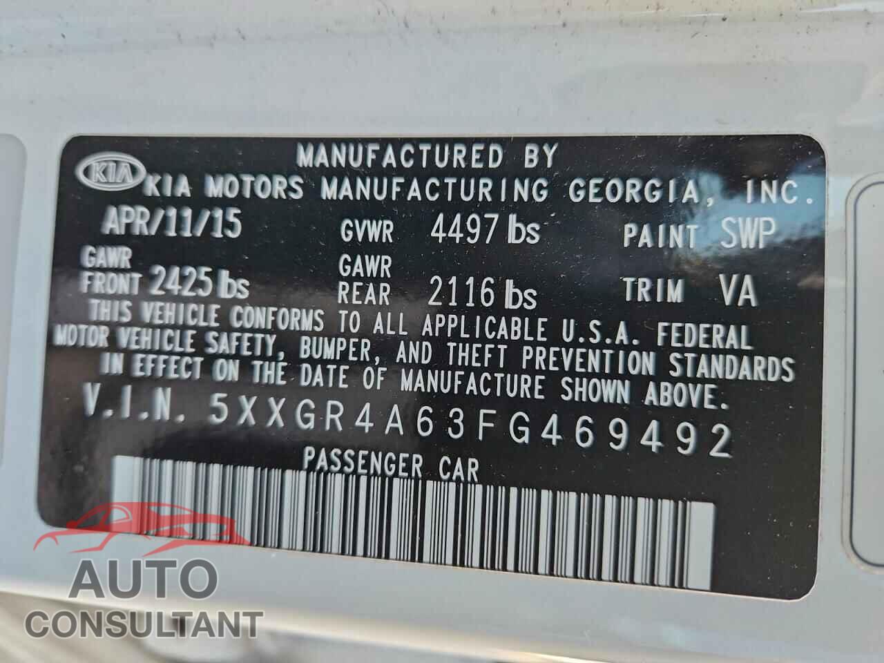 KIA OPTIMA 2015 - 5XXGR4A63FG469492