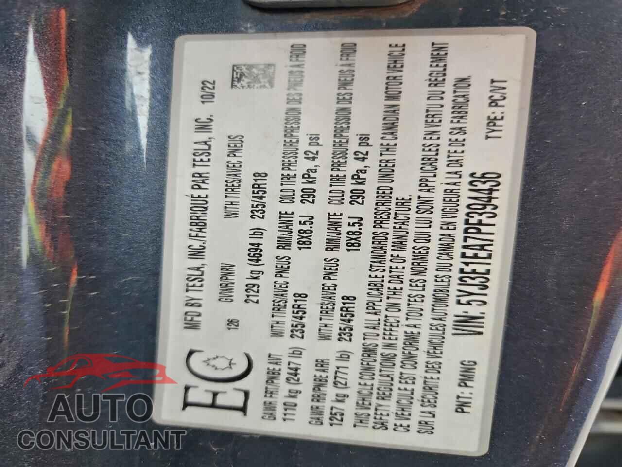 TESLA MODEL 3 2023 - 5YJ3E1EA7PF394436