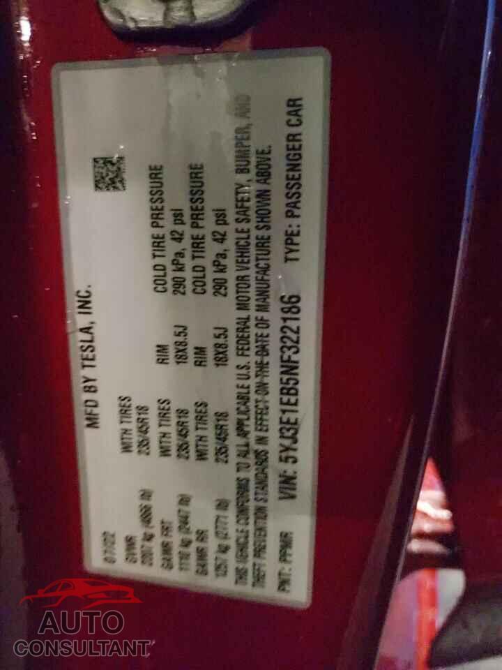 TESLA MODEL 3 2022 - 5YJ3E1EB5NF322186