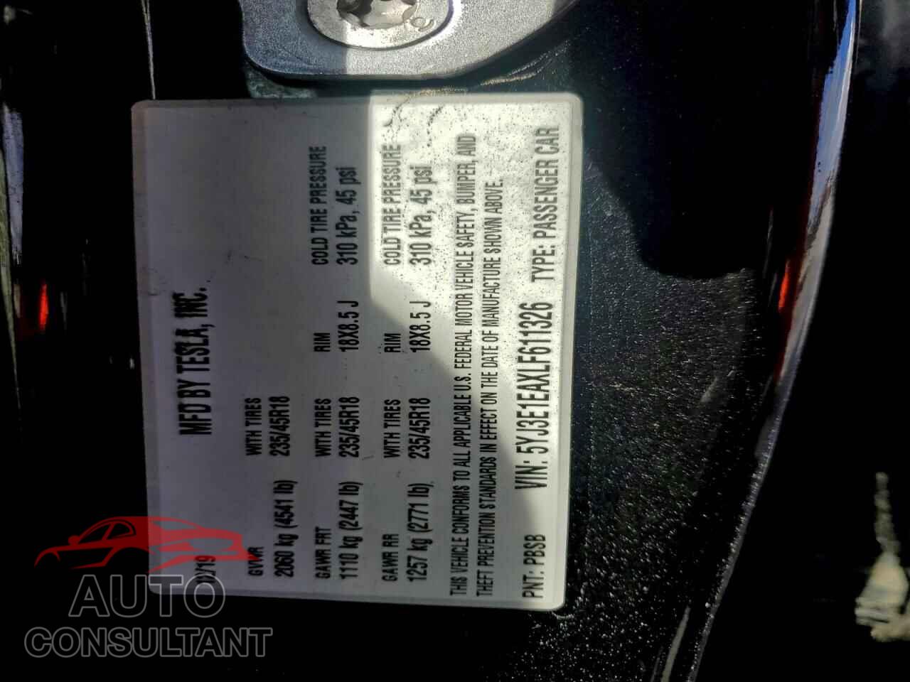 TESLA MODEL 3 2020 - 5YJ3E1EAXLF611326