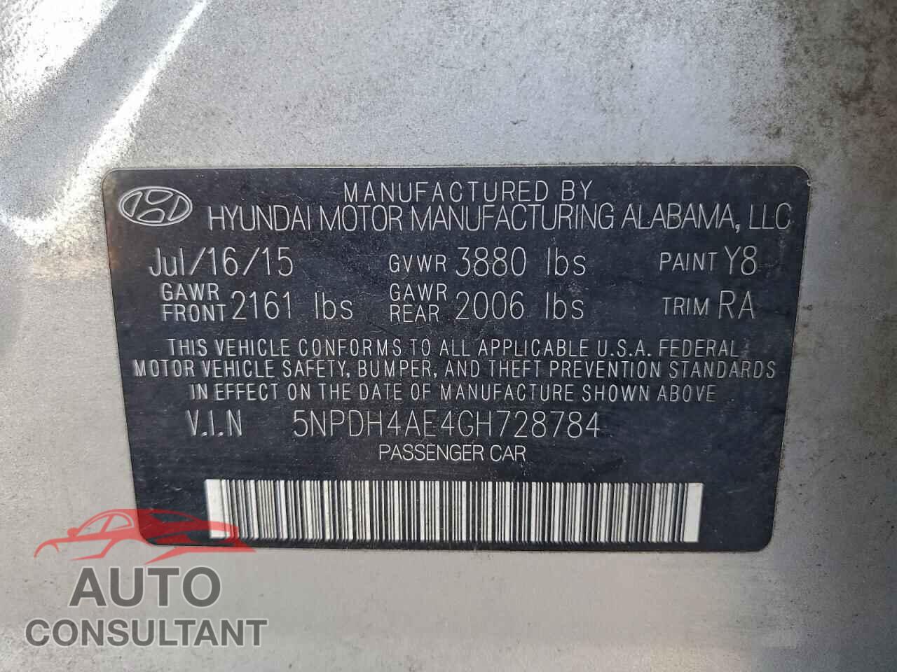 HYUNDAI ELANTRA 2016 - 5NPDH4AE4GH728784