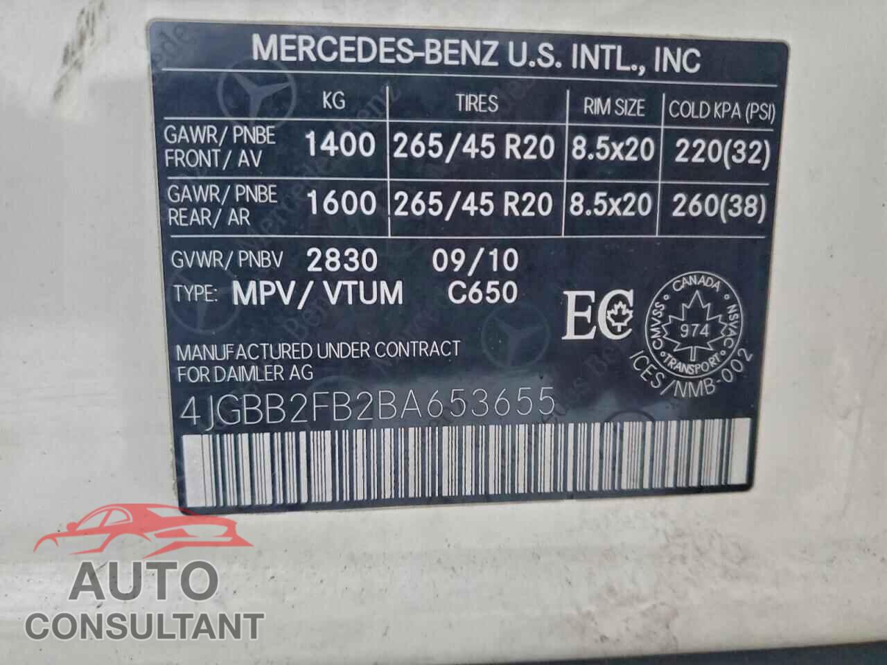 MERCEDES-BENZ M-CLASS 2011 - 4JGBB2FB2BA653655