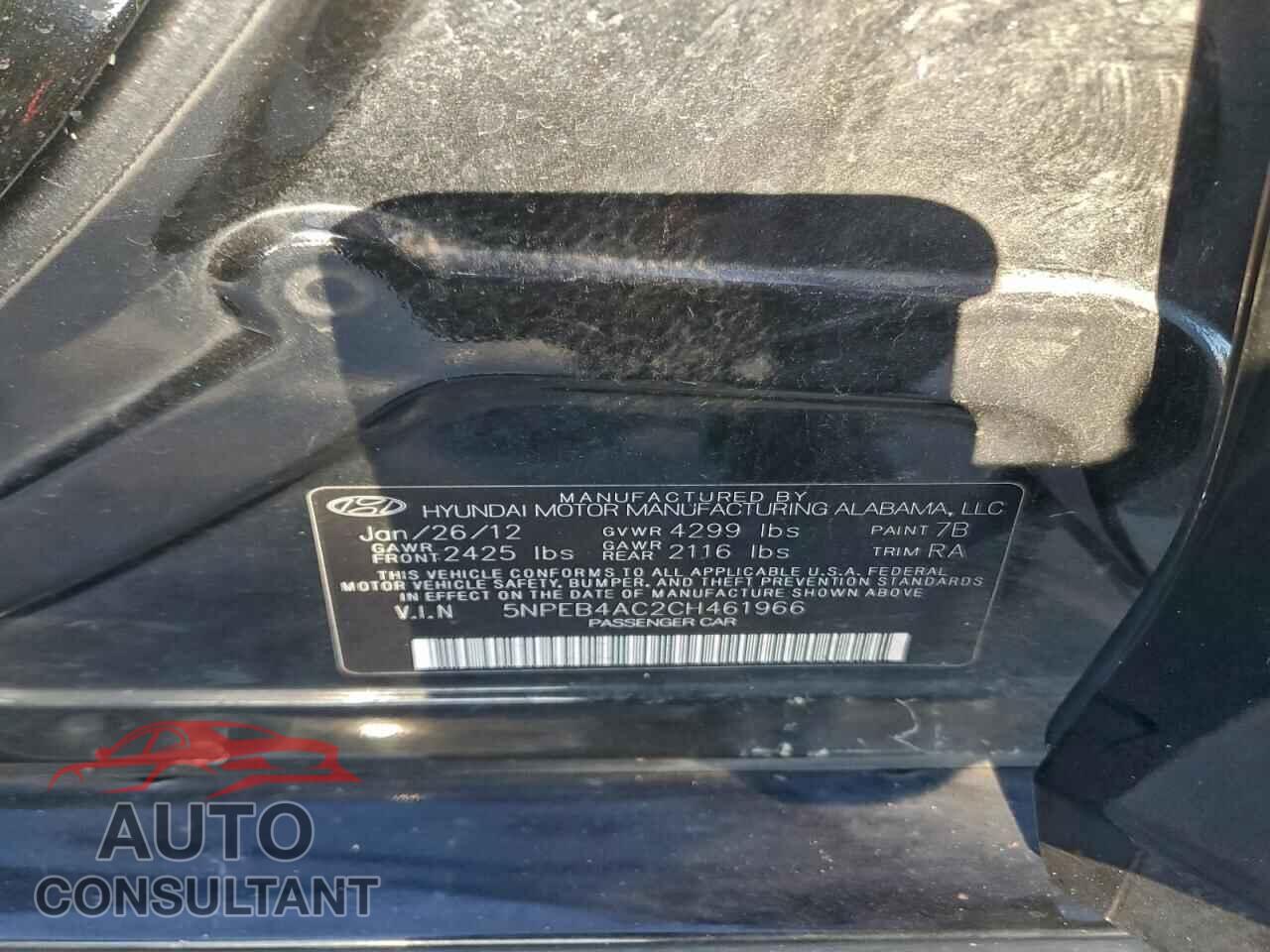 HYUNDAI SONATA 2012 - 5NPEB4AC2CH461966