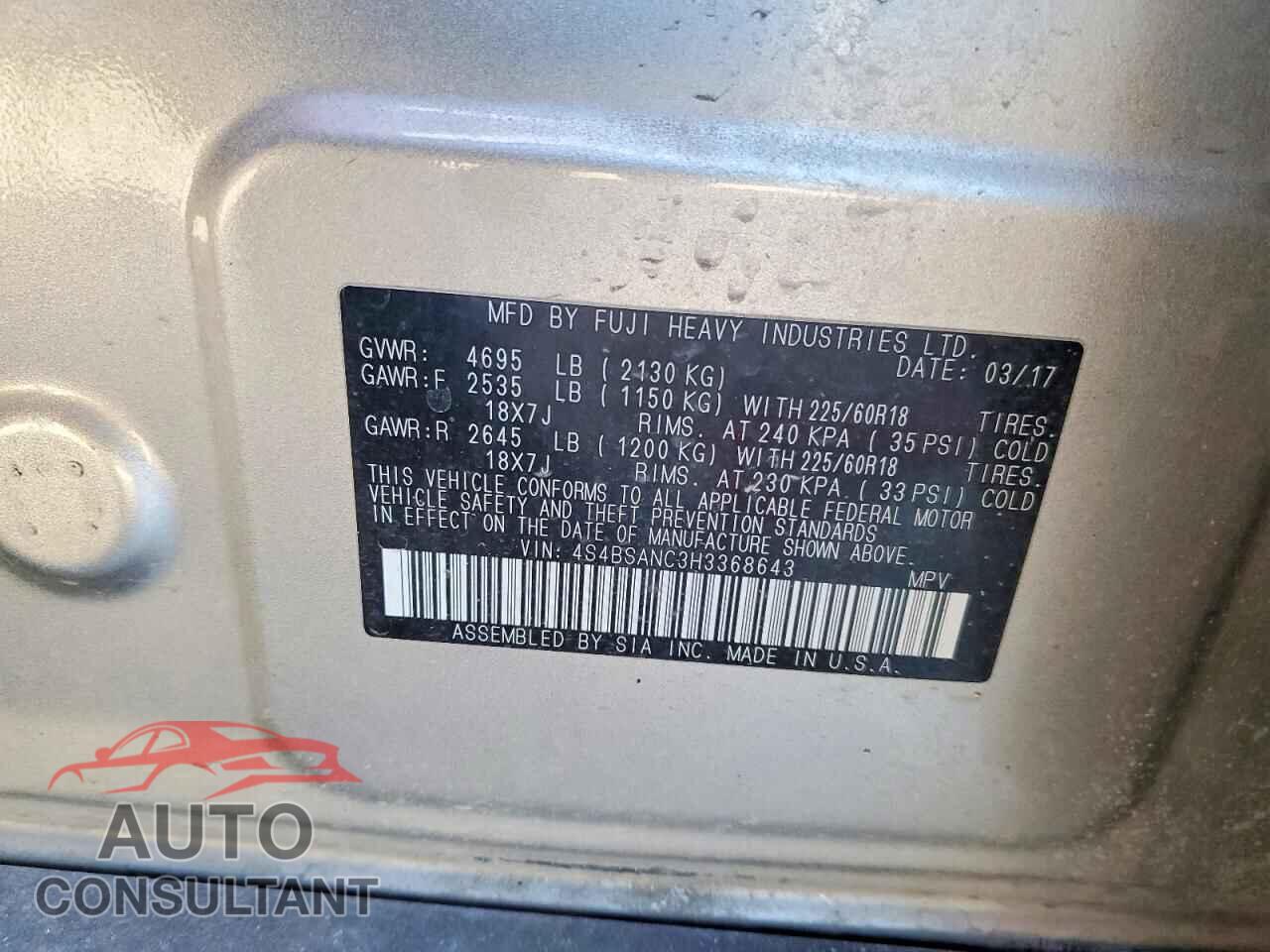 SUBARU OUTBACK 2017 - 4S4BSANC3H3368643