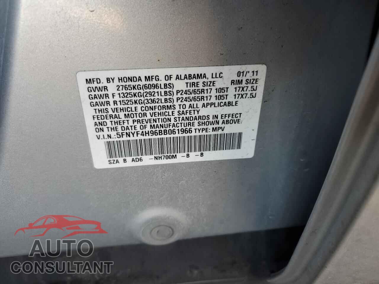 HONDA PILOT 2011 - 5FNYF4H96BB061966