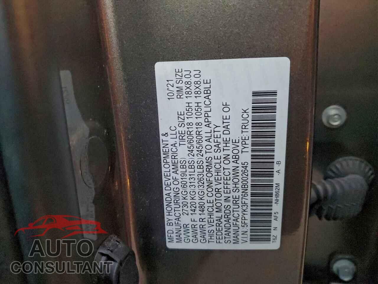HONDA RIDGELINE 2022 - 5FPYK3F76NB002645