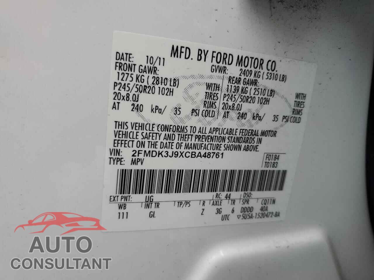 FORD EDGE 2012 - 2FMDK3J9XCBA48761