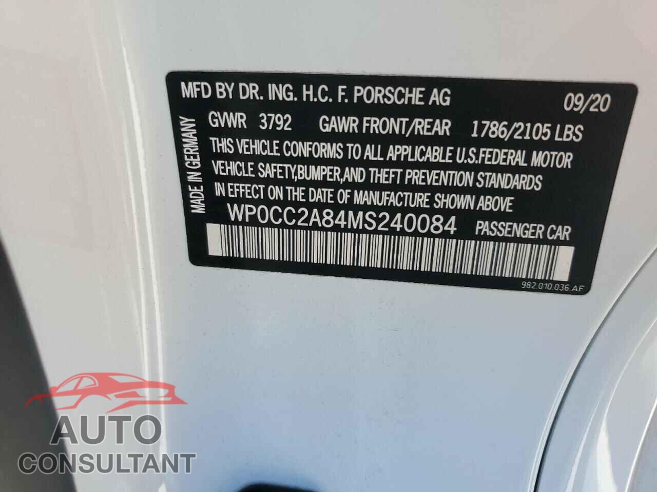 PORSCHE BOXSTER 2021 - WP0CC2A84MS240084