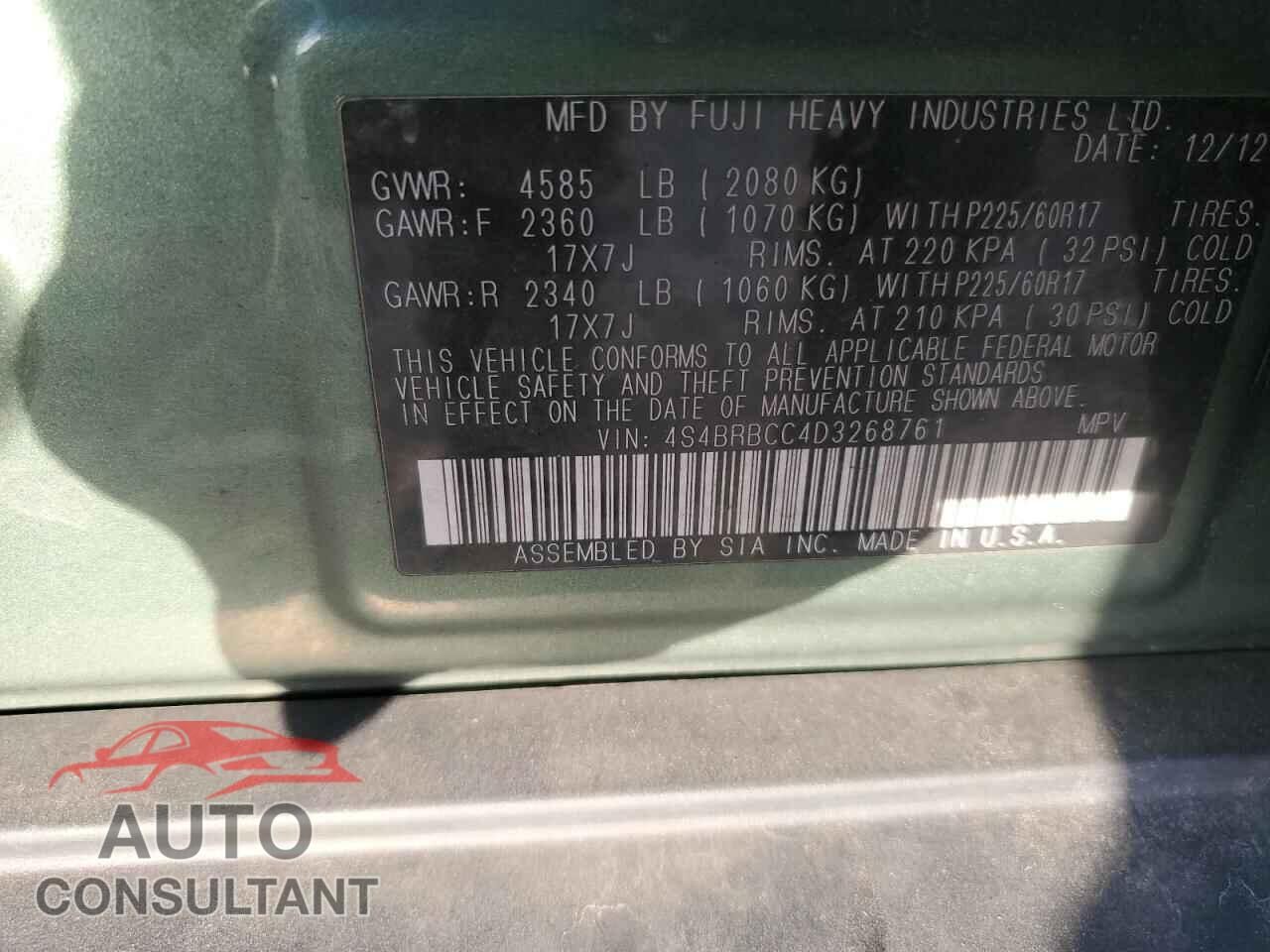 SUBARU OUTBACK 2013 - 4S4BRBCC4D3268761