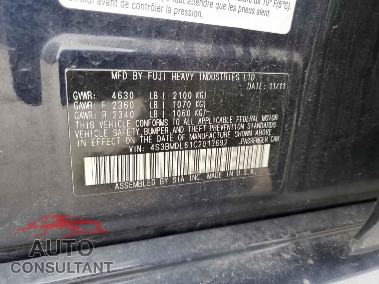 SUBARU LEGACY 2012 - 4S3BMDL61C2013692