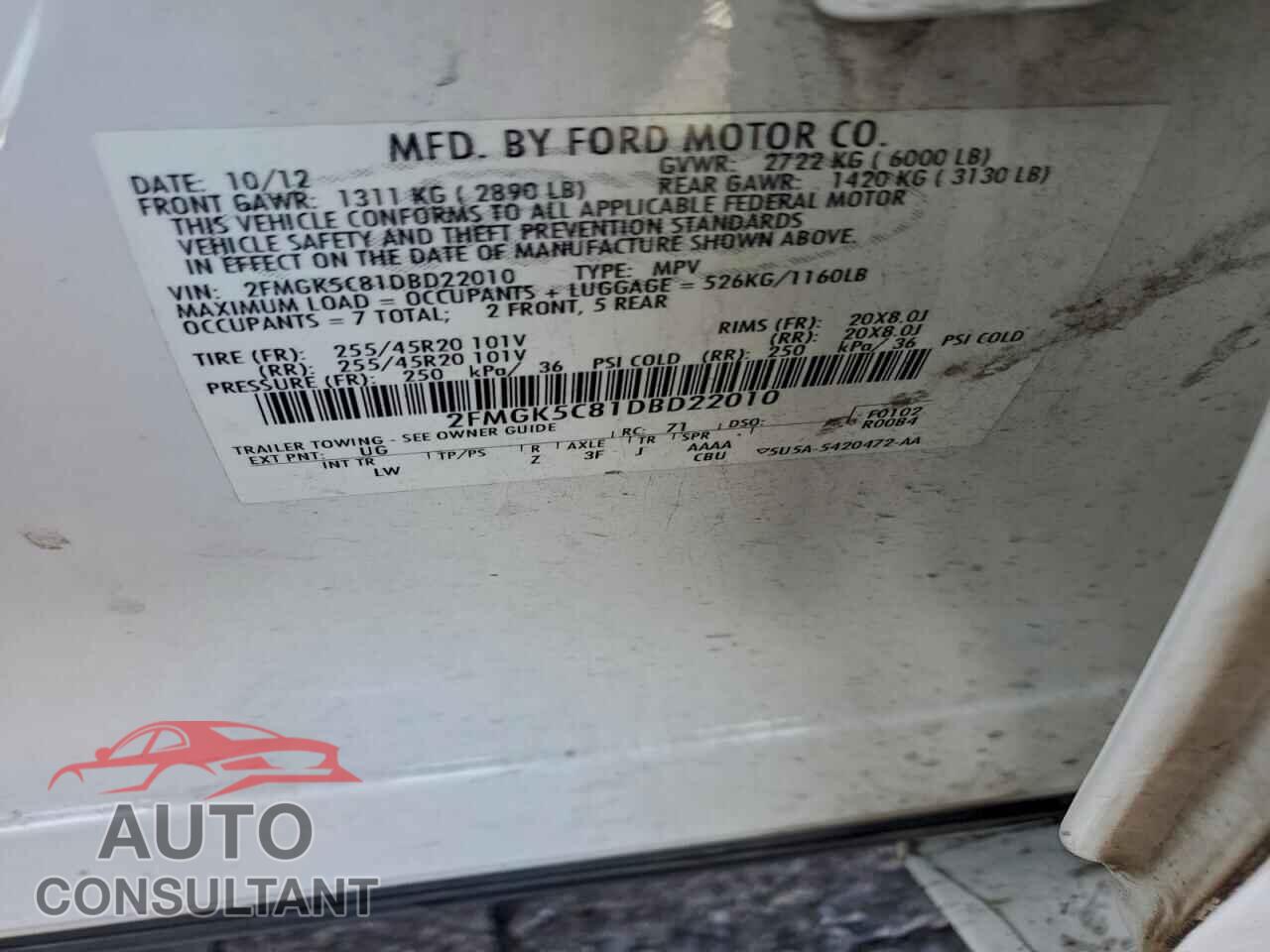 FORD FLEX 2013 - 2FMGK5C81DBD22010