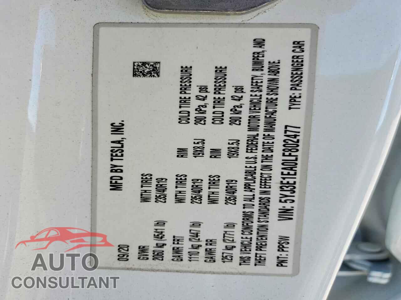 TESLA MODEL 3 2020 - 5YJ3E1EA0LF802477