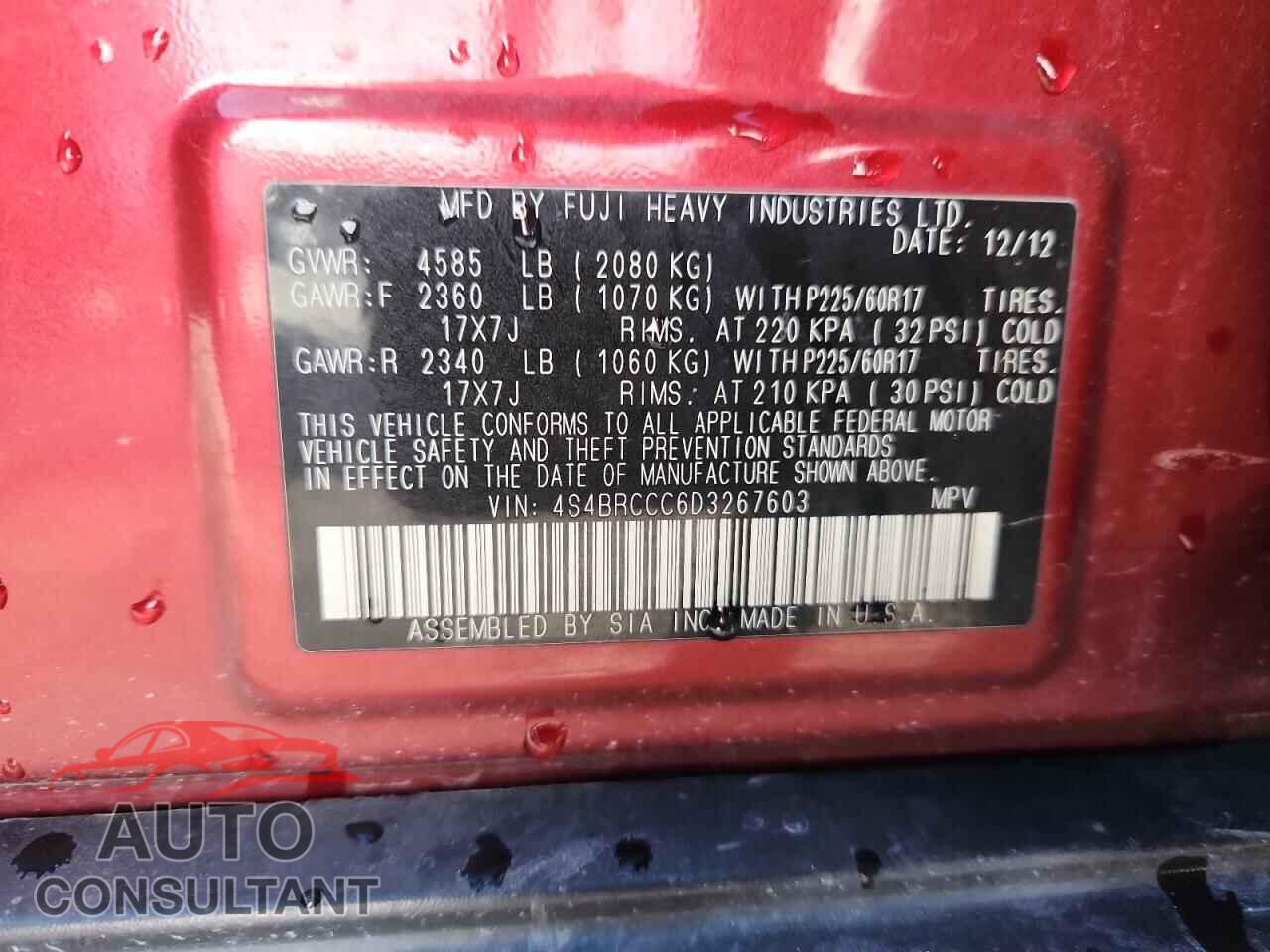 SUBARU OUTBACK 2013 - 4S4BRCCC6D3267603