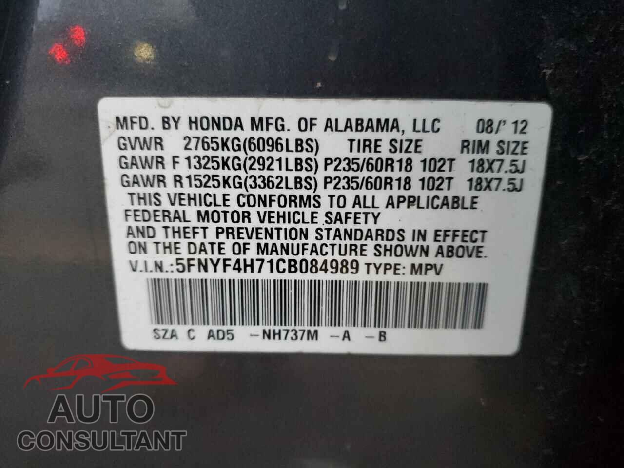 HONDA PILOT 2012 - 5FNYF4H71CB084989
